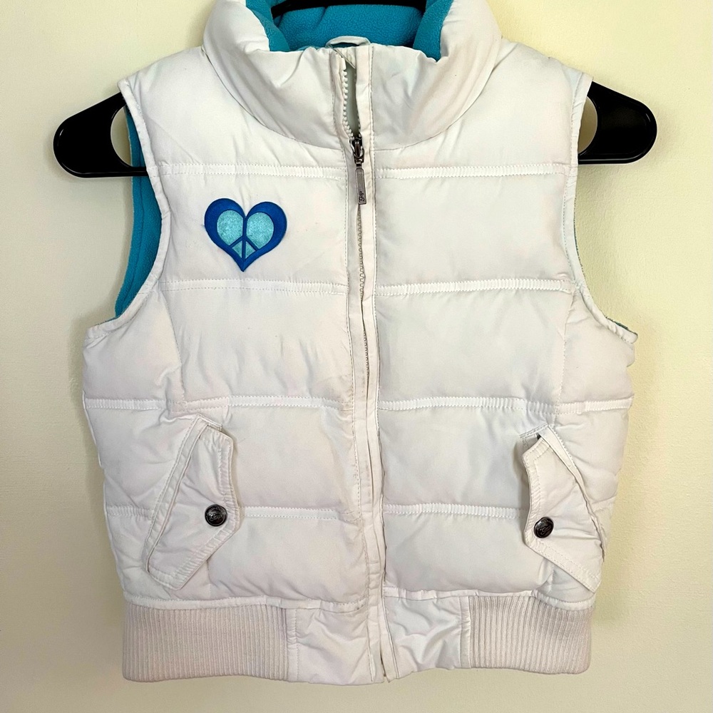 - Girls Gap white puffer vest with blue heart, size 10